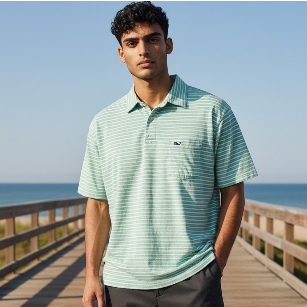 Vineyard Vines Mens Pima Cotton Striped Polo Shirt Mint Green & White Size M